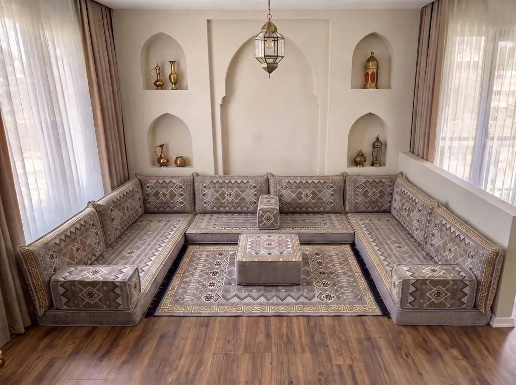 Low gray and gold kilim-pattern floor sofa set in a U shape with matching rug and ottoman in a room with arched wall niches