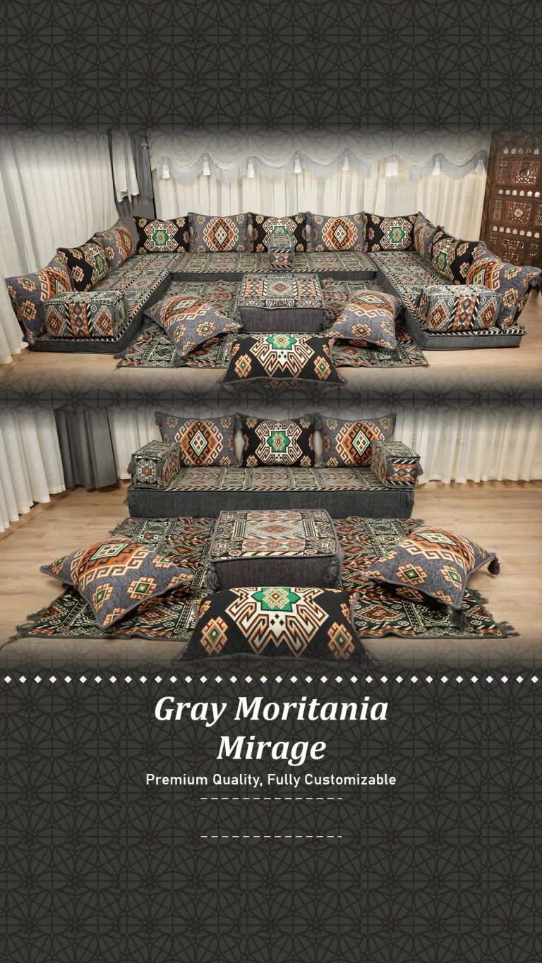 Gray kilim floor seating set with orange and green motifs, pictured as a U shape and as a single row