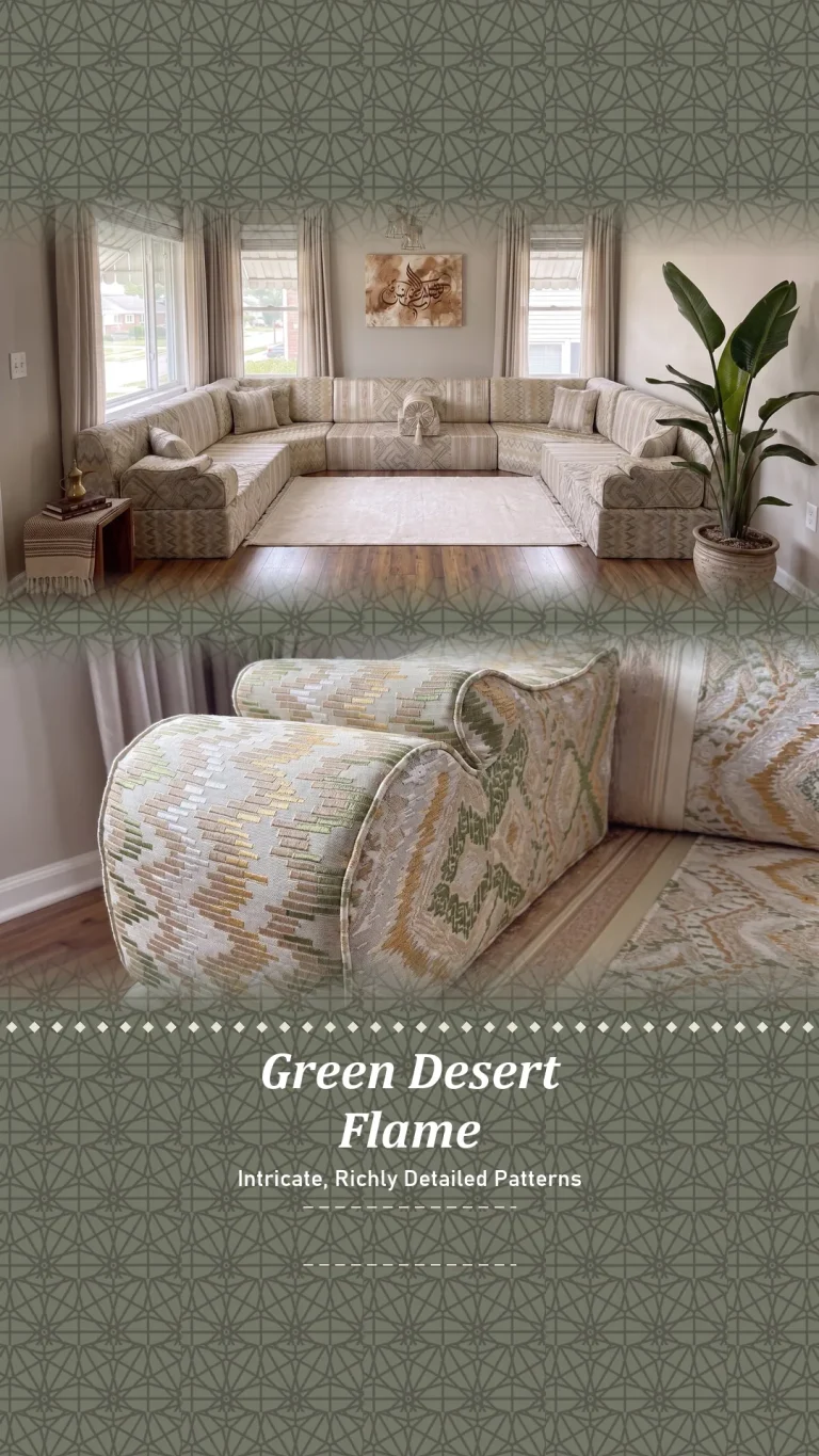 Green and gold flame-stitch majlis sofa set in a home living room, plus a detail of the woven armrest fabric