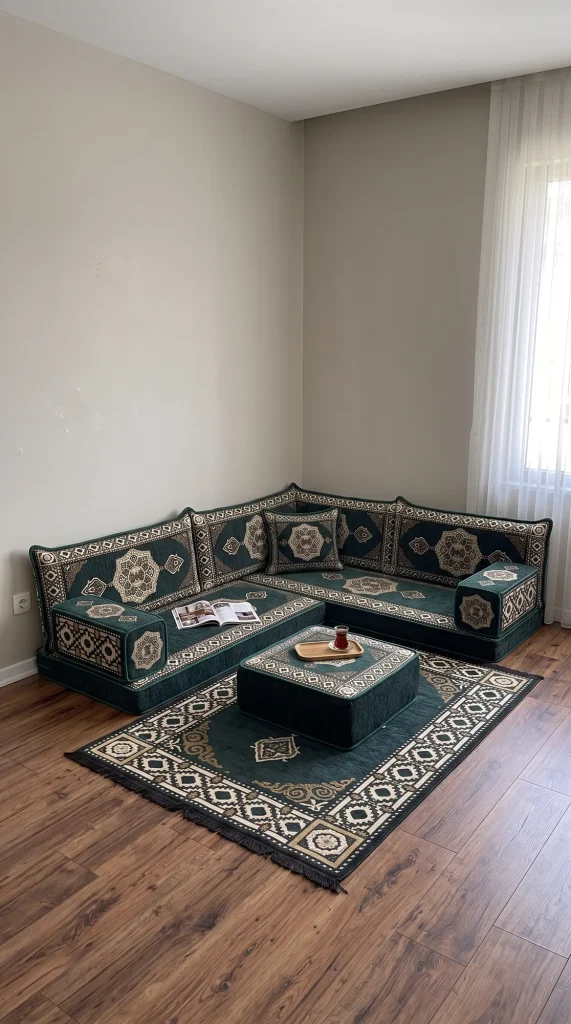 Dark green and cream medallion floor sofa set in an L shape with an ottoman holding a glass of tea