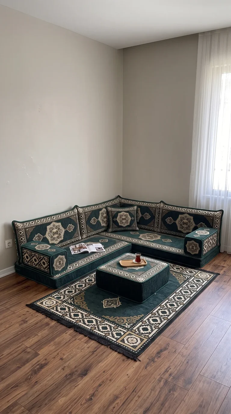 Dark green and cream medallion floor sofa set in an L shape with an ottoman holding a glass of tea