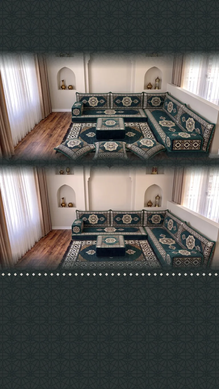 Dark green Arabic floor sofa in an L shape with cream medallion cushions, pouf and matching rug beside arched wall niches