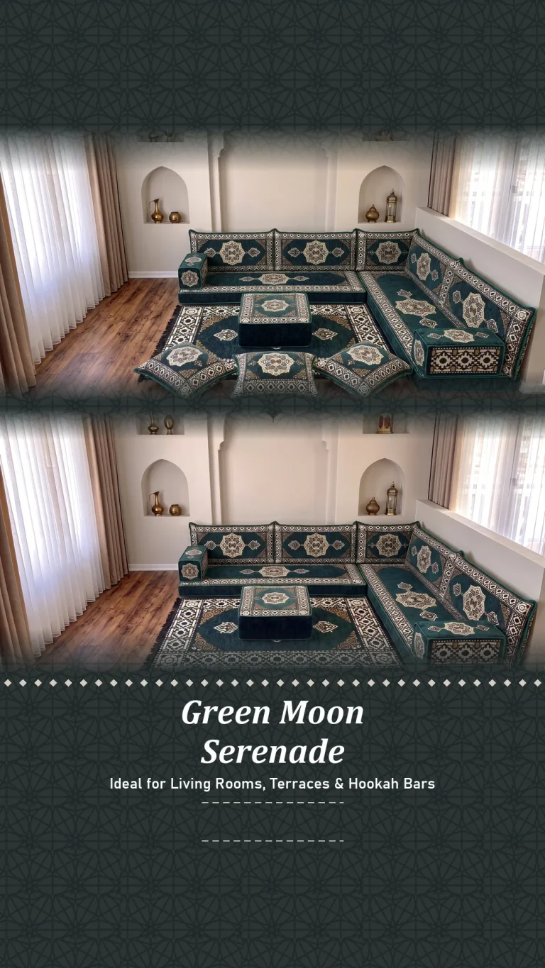 Green medallion-pattern floor sofa set in a corner layout below arched niches, with and without floor cushions