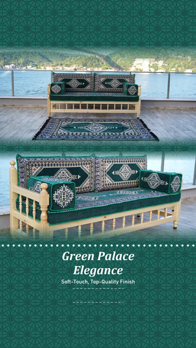 Green medallion cushions on a raised wooden bench frame by the water, with a closer three-quarter view below