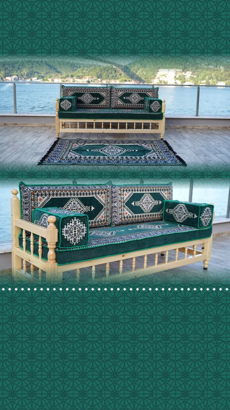 Emerald green medallion cushions on a natural wood bench with a matching rug on a waterside terrace, two views