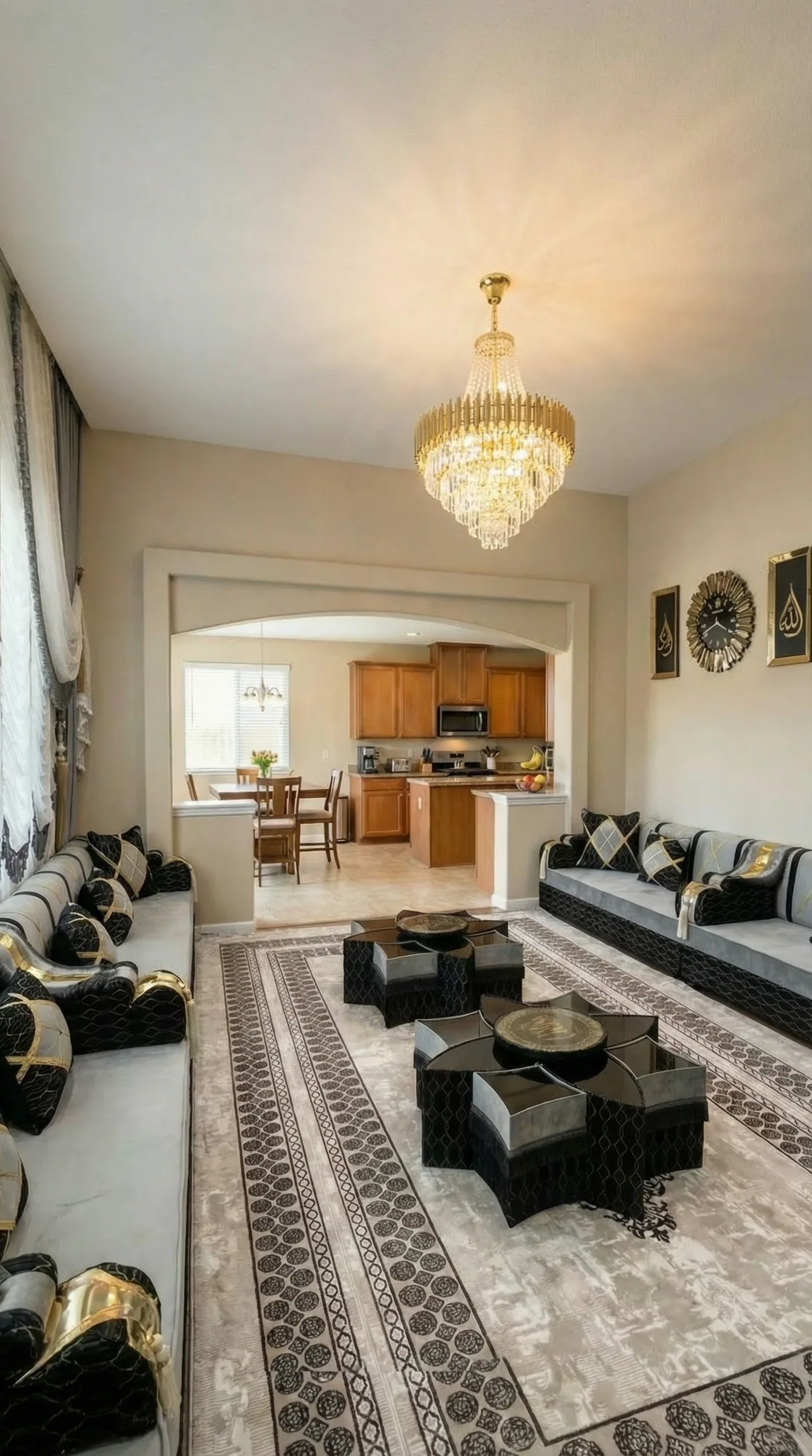 Two facing rows of grey and black majlis seating with gold-trimmed bolsters, star-shaped tables and a crystal chandelier