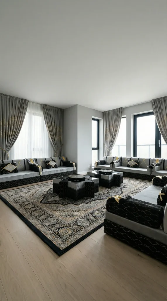 Light grey jalsa on black quilted bases under tall apartment windows, with star-shaped tables