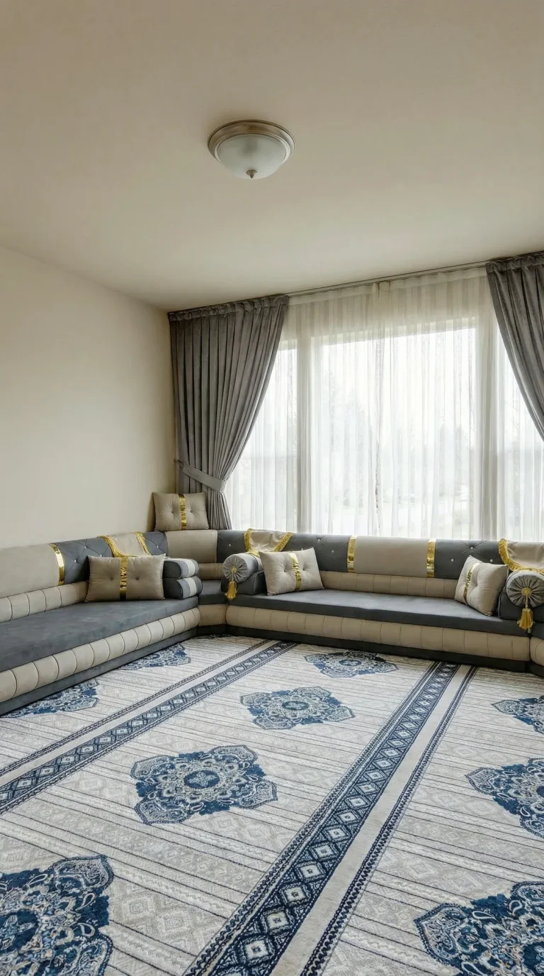 Grey and cream Arabic majlis with gold bands set in an L shape under a wide window, on a cream rug with navy medallions