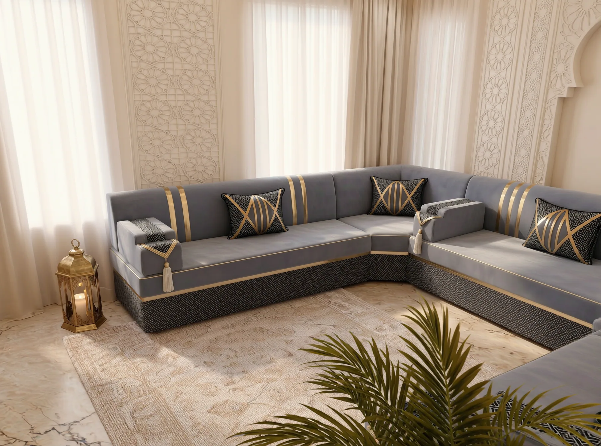 Grey and gold Arabic majlis seen across a corner with a brass lantern at the left and palm fronds in front