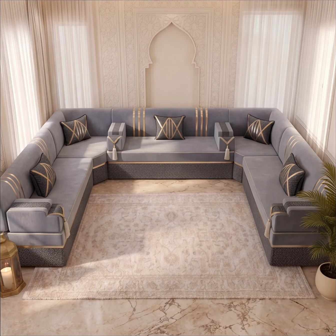 U-shaped grey velvet Arabic jalsa with gold stripes and five dark cushions around a cream rug, seen from above