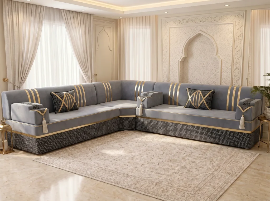 L-shaped grey velvet majlis sofa with gold-striped backs and a black key-pattern base around a cream rug
