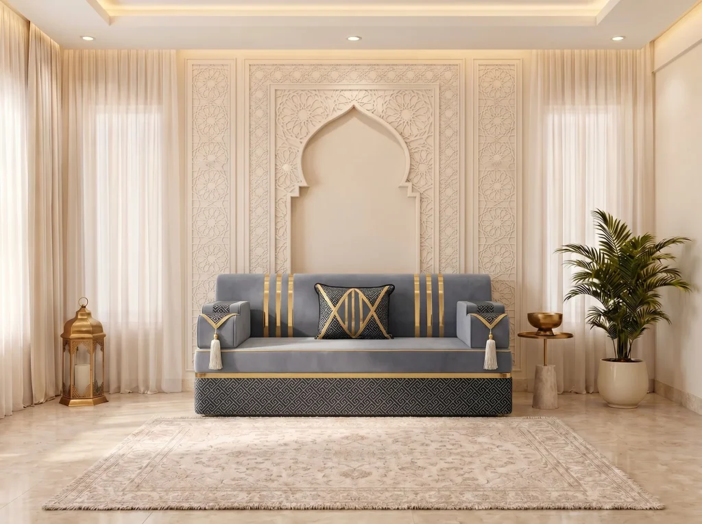 Single grey velvet majlis sofa seat with gold stripes and a black and gold cushion under a carved arch wall