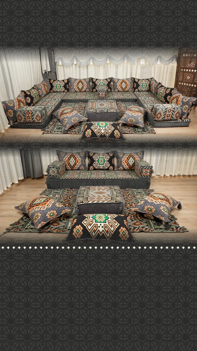 Grey floor seating set with orange and green kilim medallion cushions, pictured as a U shape and as a single row