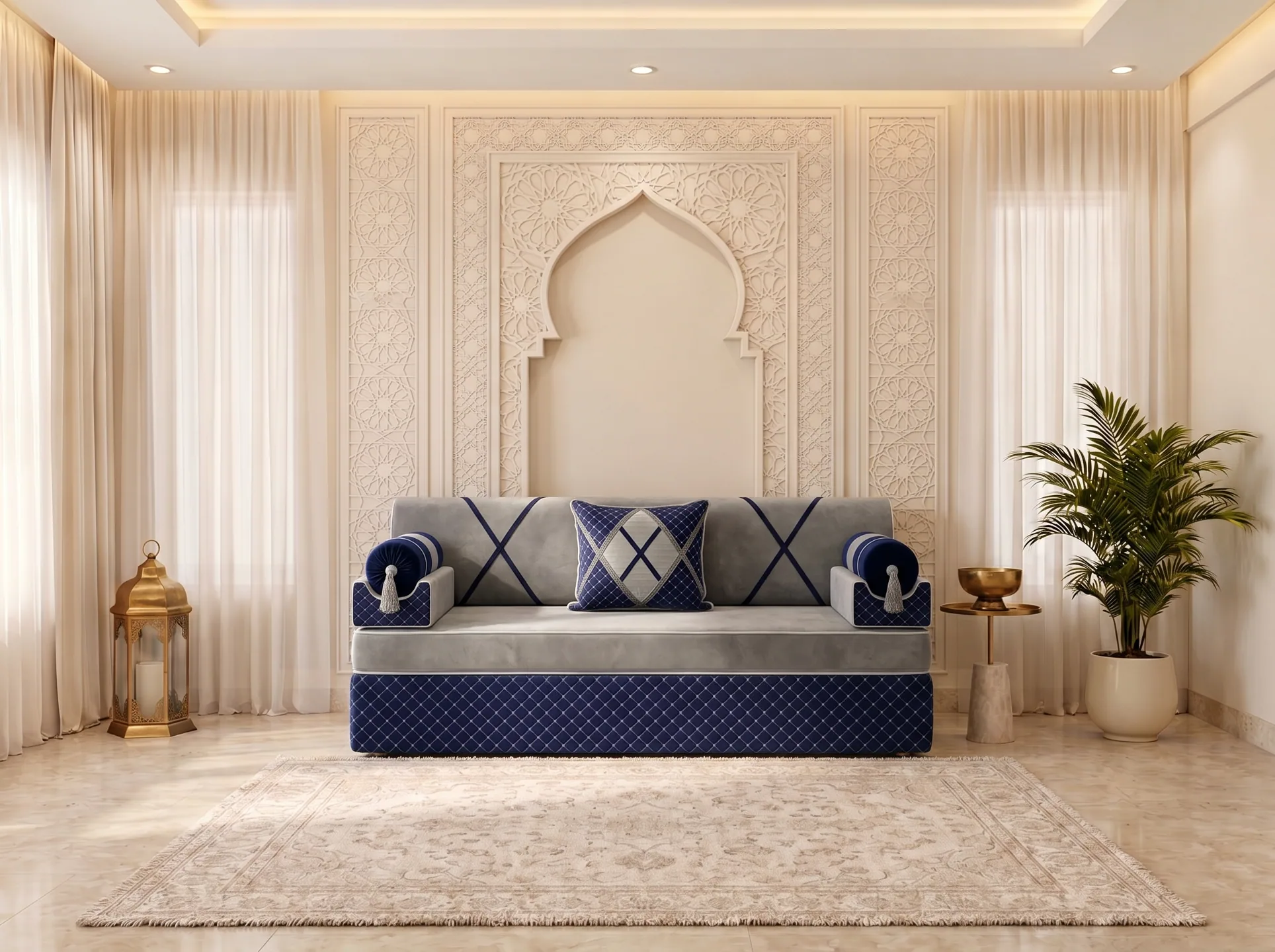 Single light grey velvet Arabic majlis seat on a navy quilted base with bolster armrests under an arch