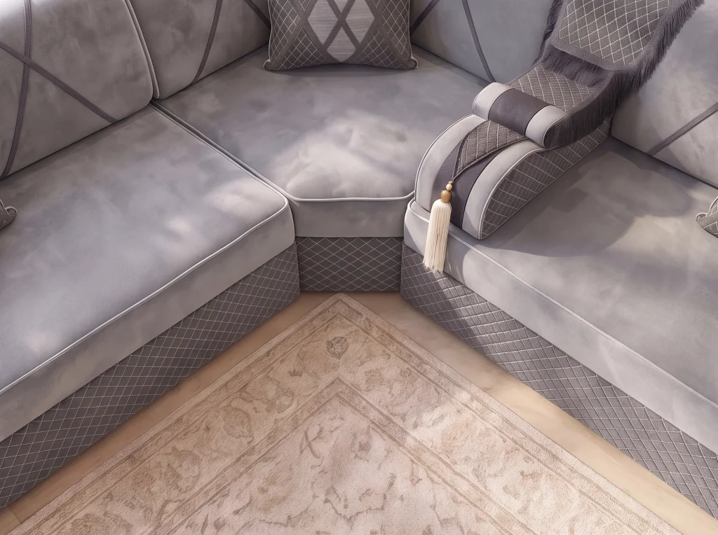 Top view of the corner wedge joining two grey velvet seats, with an armrest and cream tassel