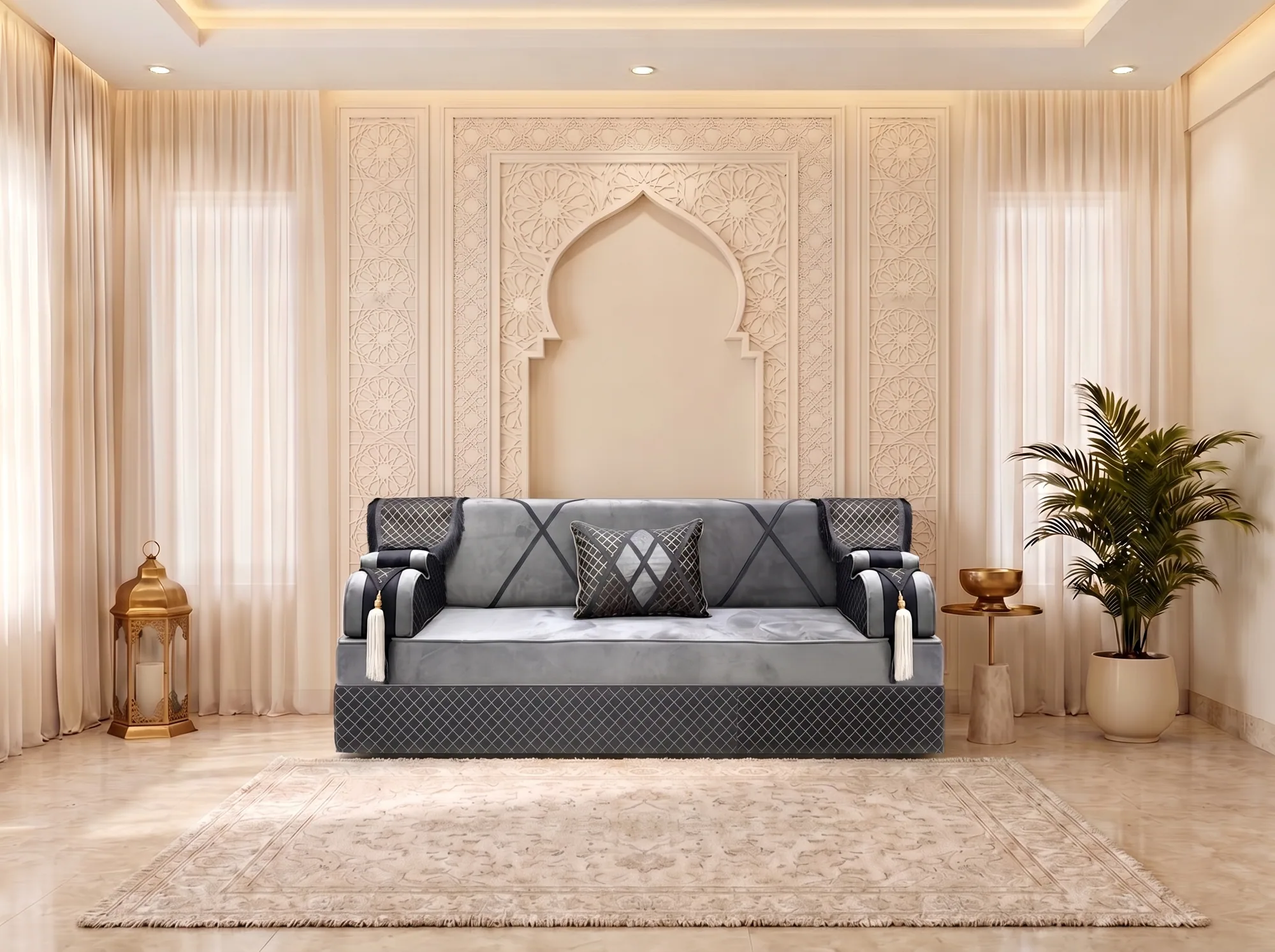 Single grey velvet majlis sofa seat with crossed charcoal straps and a diamond-quilted base under a carved arch