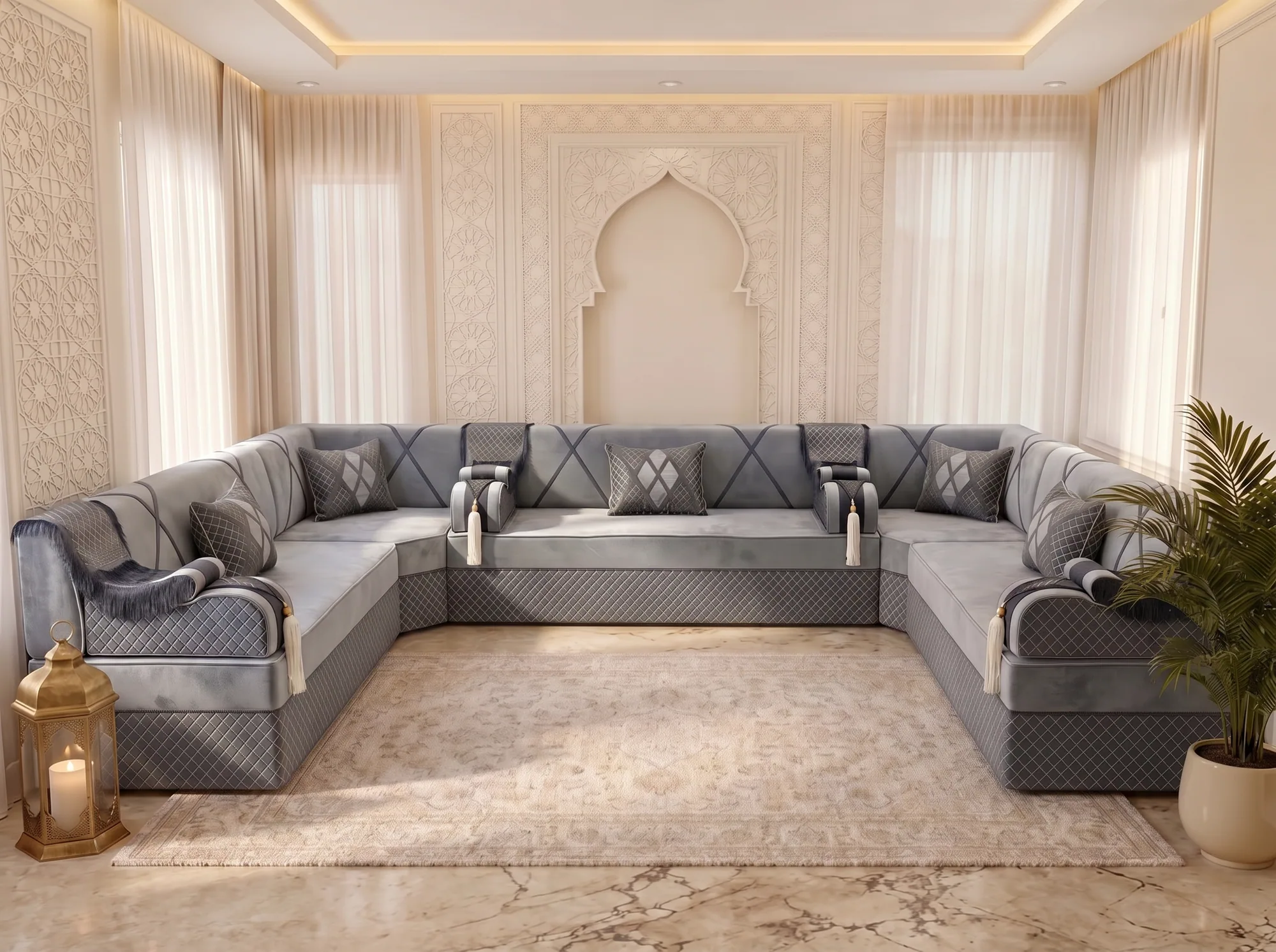 U-shaped grey velvet Arabic majlis with a quilted base and five diamond cushions along three walls