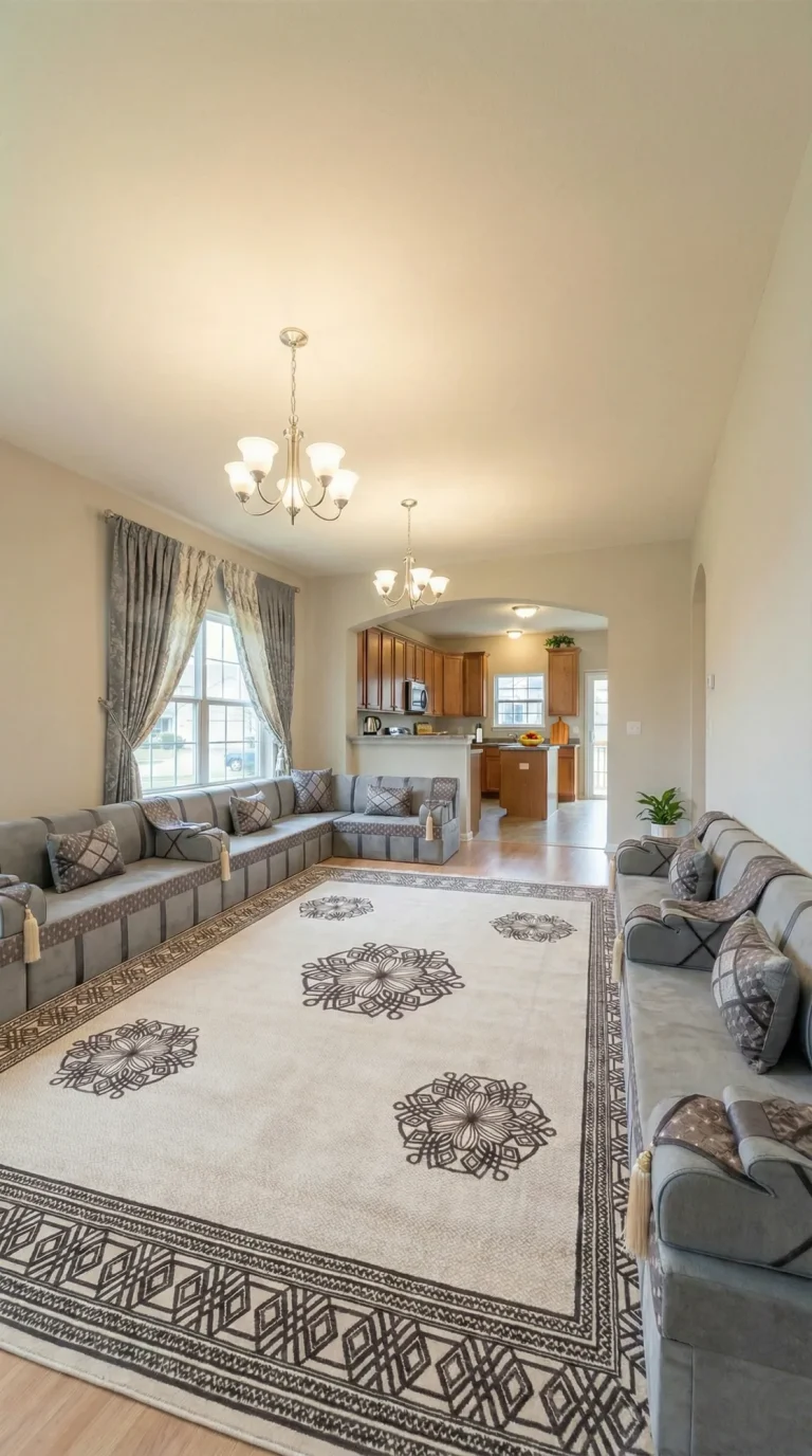 Grey majlis sofa with taupe patterned trim lining an open-plan living room that leads to a wooden kitchen
