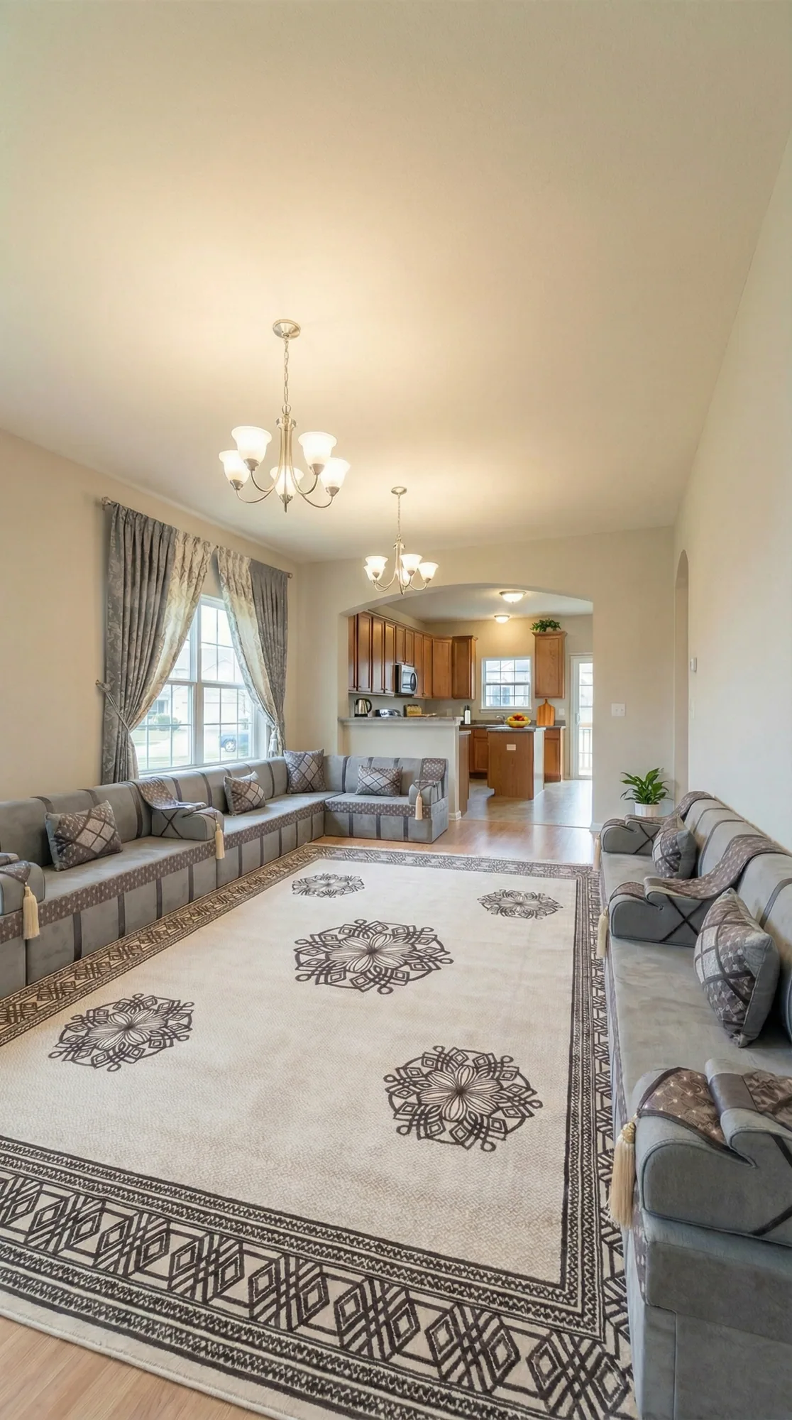 Grey majlis sofa with taupe patterned trim lining an open-plan living room that leads to a wooden kitchen