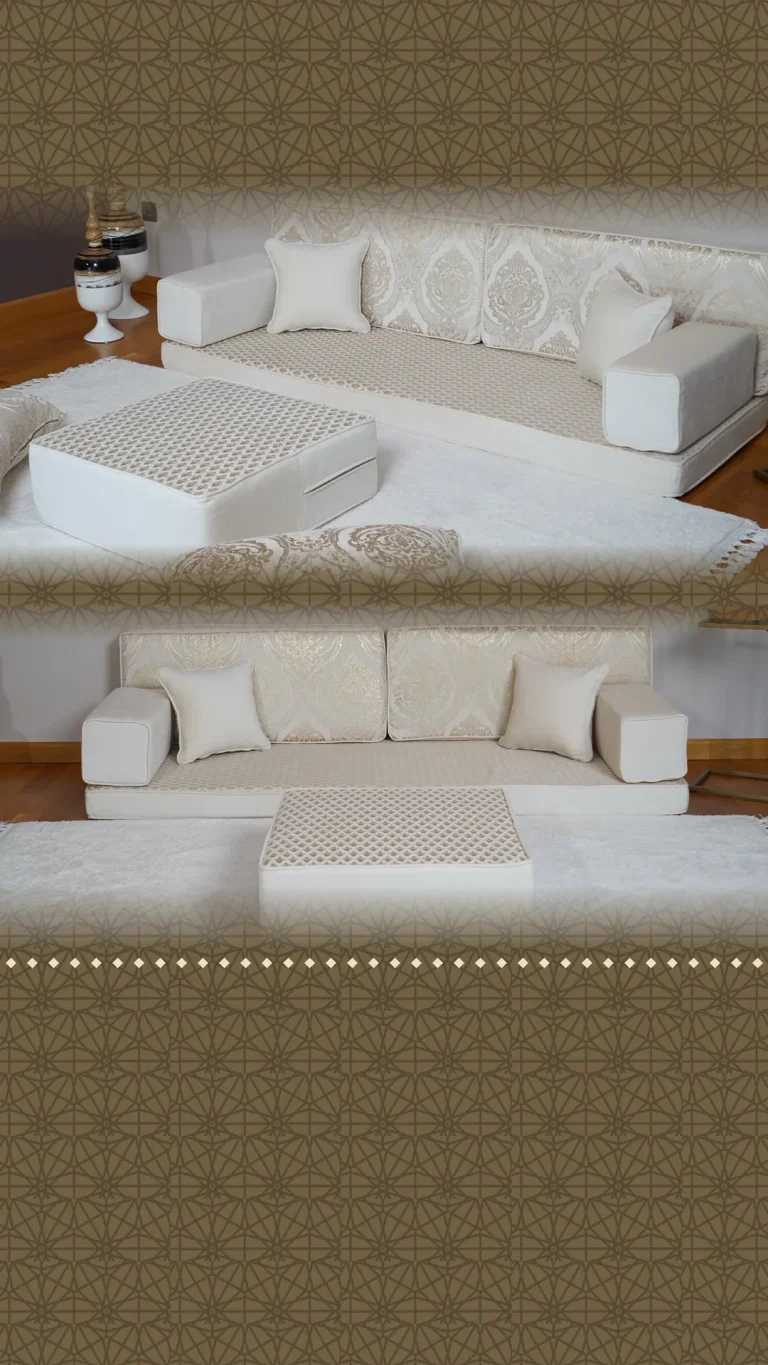 Ivory white floor sofa set with champagne damask back cushions and a lattice-textured seat and pouf, two views