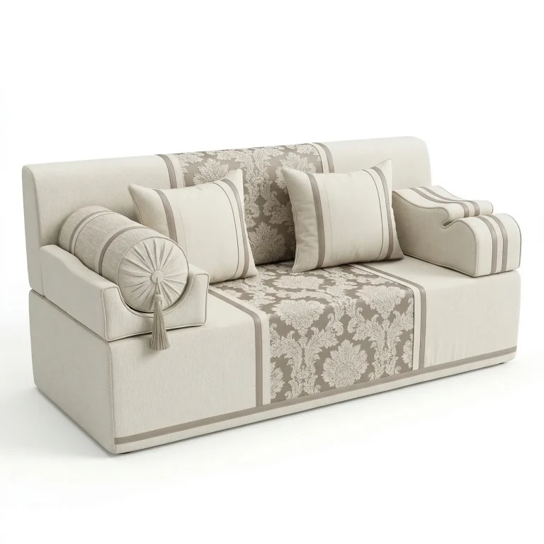 Ivory Arabic majlis with a taupe damask centre runner, a tasselled bolster armrest and two striped cushions