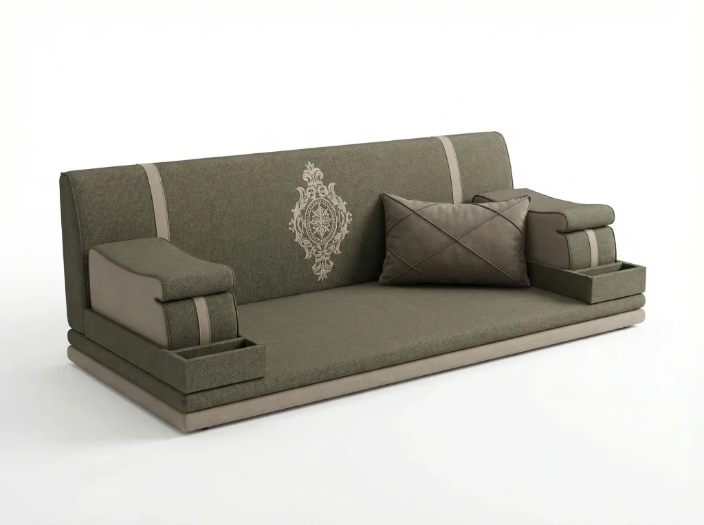 Khaki woven Arabic jalsa with a beige embroidered medallion on the backrest and tray boxes built into both armrests