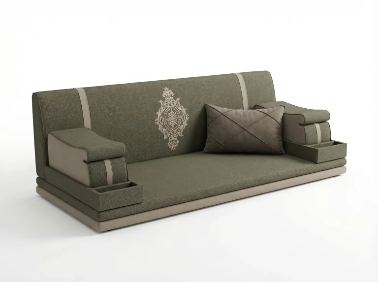 Khaki woven Arabic jalsa with a beige embroidered medallion on the backrest and tray boxes built into both armrests