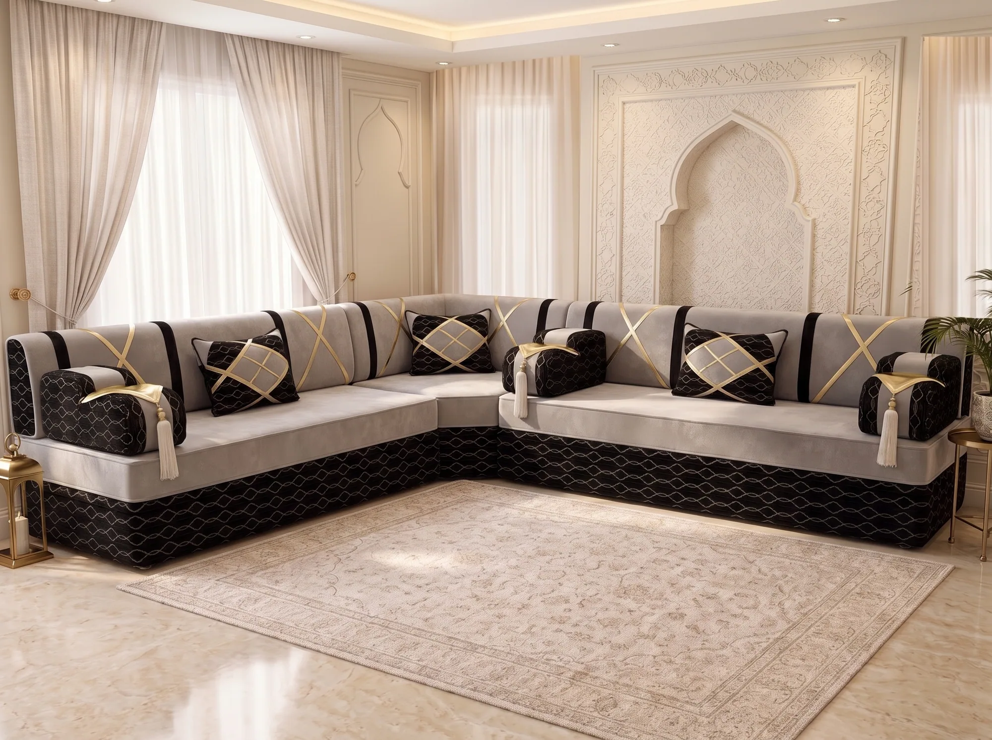 L-shaped light grey majlis seating set with black armrests, gold crossed straps and three black and gold cushions
