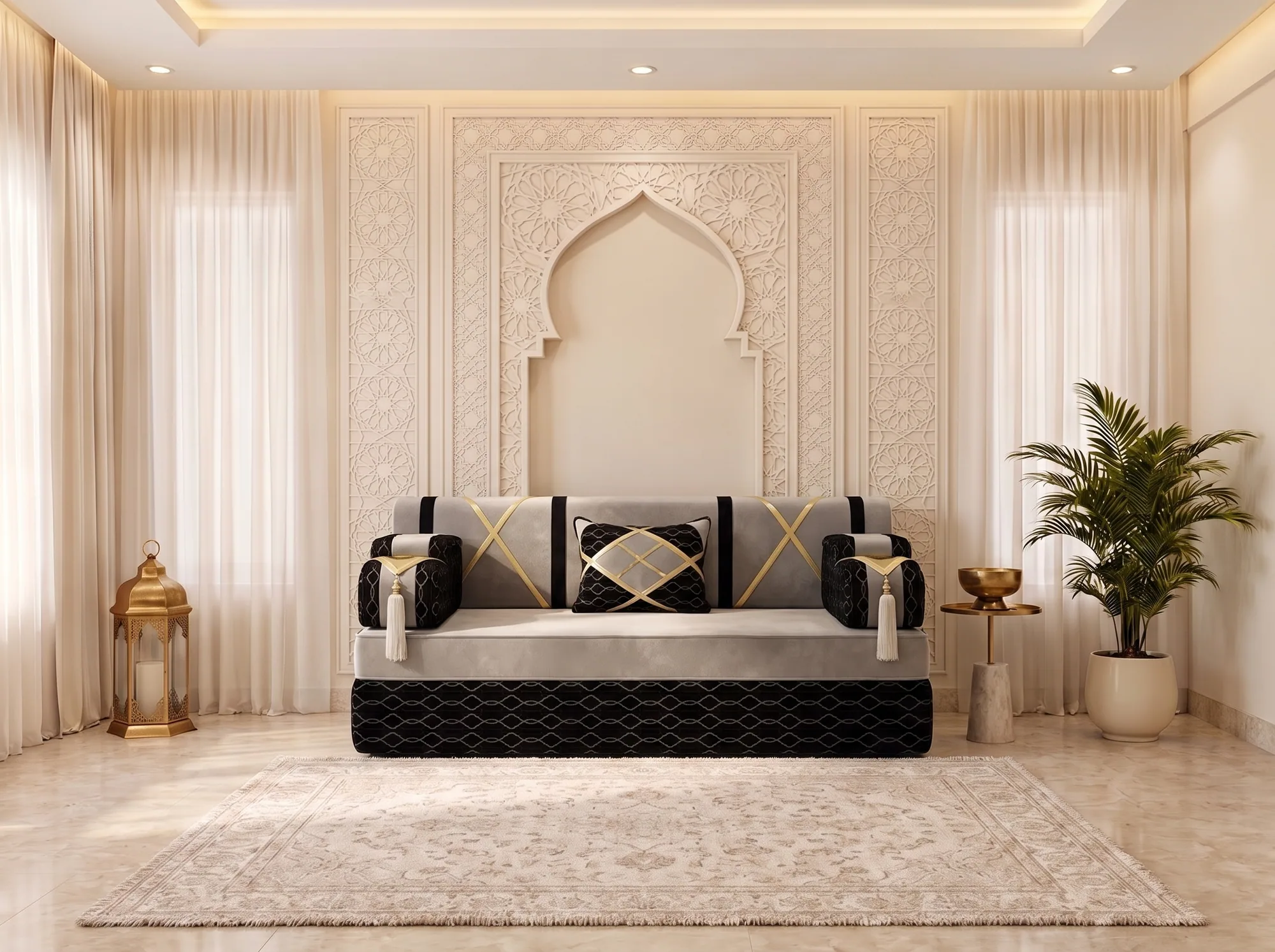 Single light grey majlis sofa seat with black armrests, gold crossed straps and a black lattice-pattern base