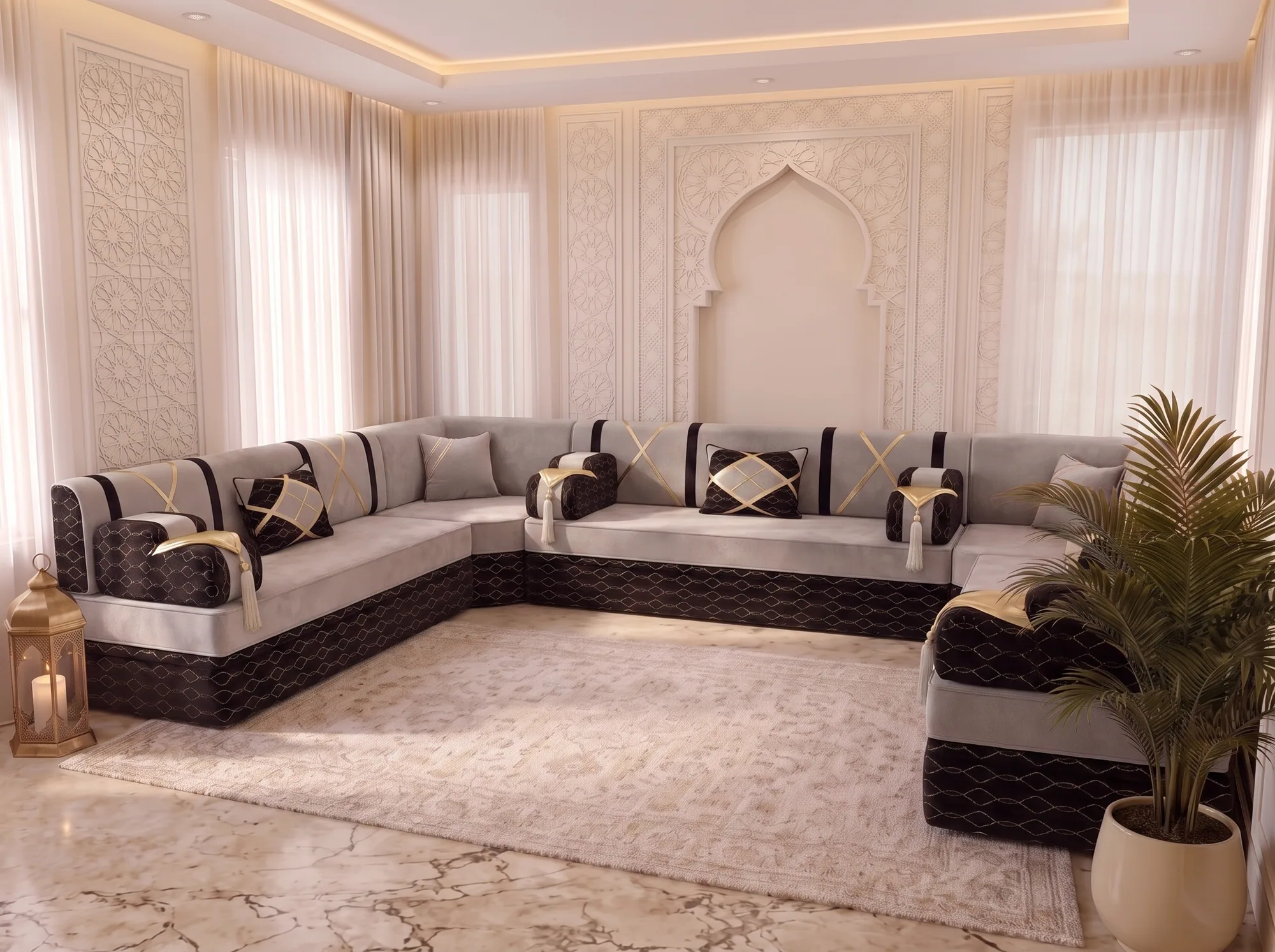 Three-quarter view of a light grey and black Arabic majlis along three walls, with a large palm at the right