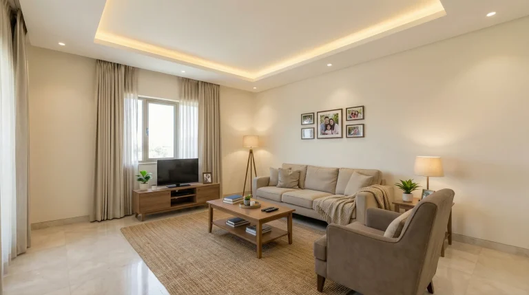 Living room before conversion to Arabic majlis seating, with a beige sofa, taupe armchair and framed photos on the wall