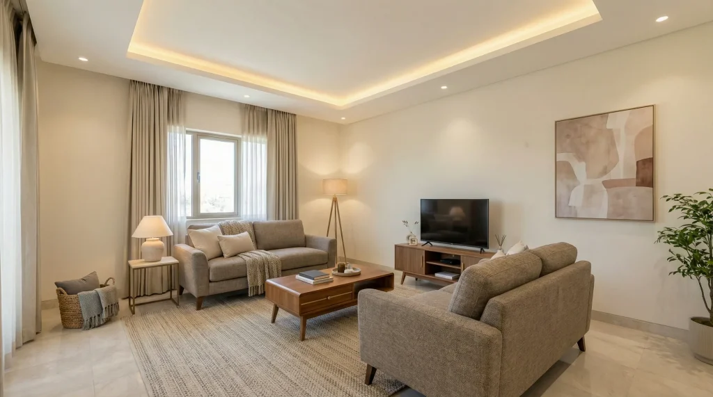 Living room before a majlis sofa set is installed, with two taupe Western sofas facing a walnut coffee table and TV unit