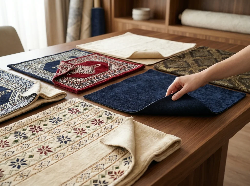 Hand lifting a navy chenille sample among cream, burgundy and gold upholstery fabric swatches on a table