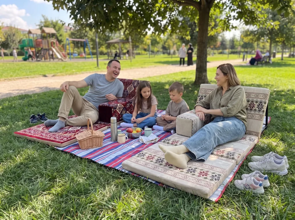 Family of four picnicking on maroon and beige folding Arabic sunbed loungers laid on a striped blanket