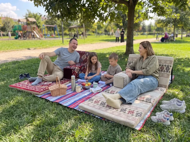 Family of four picnicking on maroon and beige folding Arabic sunbed loungers laid on a striped blanket