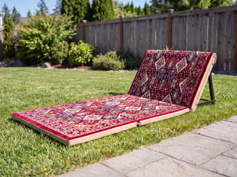 Maroon and navy medallion folding Arabic sunbed lounger angled on a sunny garden lawn