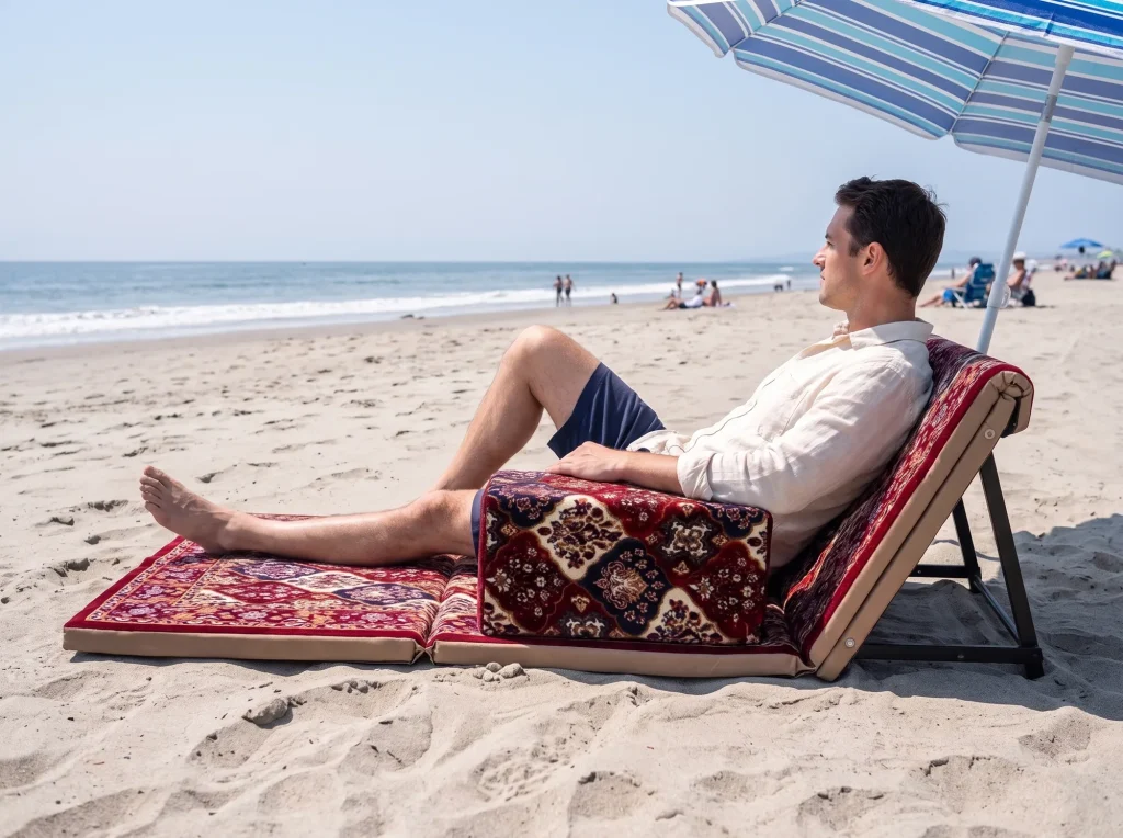 Man leaning back on a maroon patterned Arabic sunbed lounger under a beach umbrella