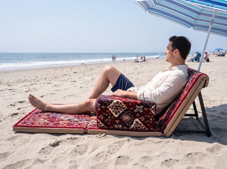 Man leaning back on a maroon patterned Arabic sunbed lounger under a beach umbrella