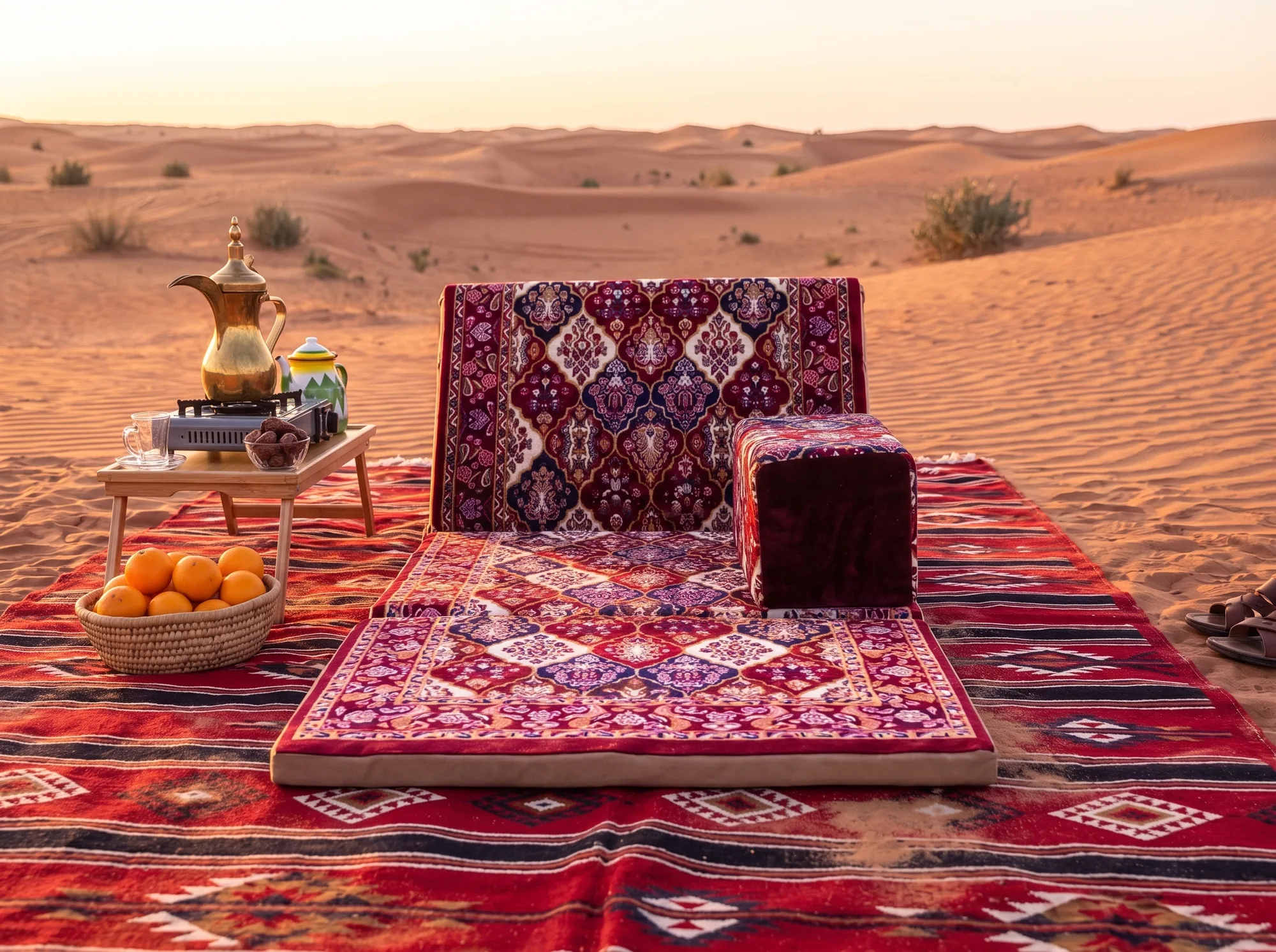 Front view of a maroon diamond-medallion Arabic sunbed lounger on a red kilim with coffee table in the dunes