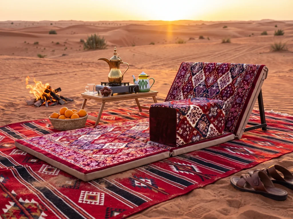 Maroon medallion Arabic sunbed lounger on a red kilim in the desert at sunset with a dallah and campfire