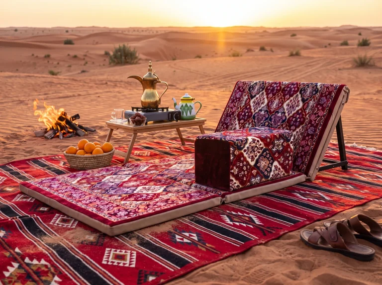 Maroon medallion Arabic sunbed lounger on a red kilim in the desert at sunset with a dallah and campfire