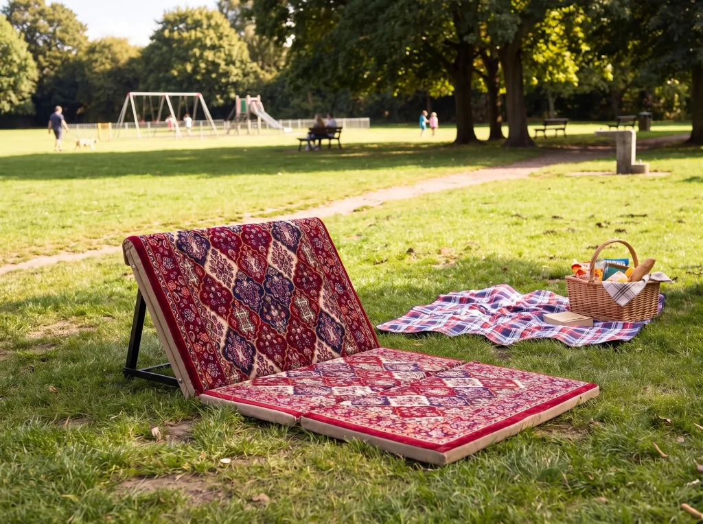 Maroon medallion folding Arabic sunbed lounger on park grass beside a tartan blanket and basket