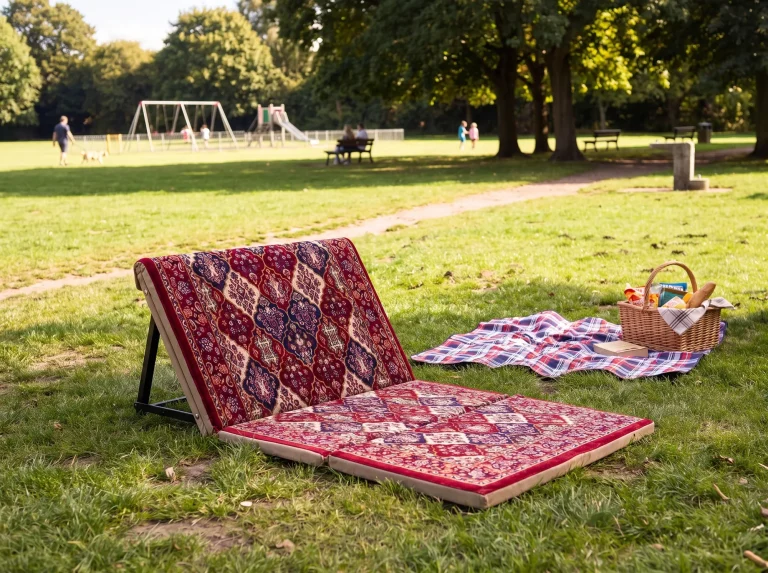 Maroon medallion folding Arabic sunbed lounger on park grass beside a tartan blanket and basket