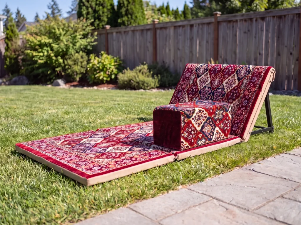 Maroon medallion Arabic sunbed lounger with a matching velvet armrest block on a garden lawn