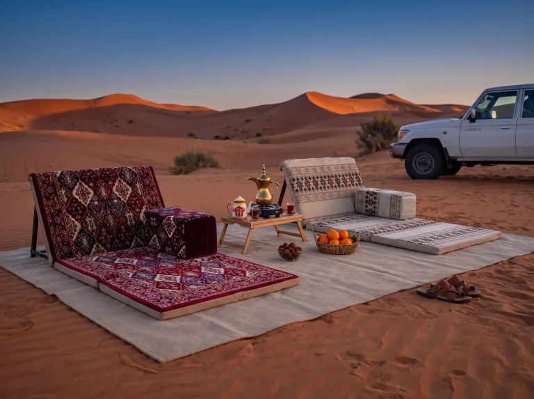 Maroon and beige Arabic sunbed loungers facing each other across a low tea table on a rug in the dunes