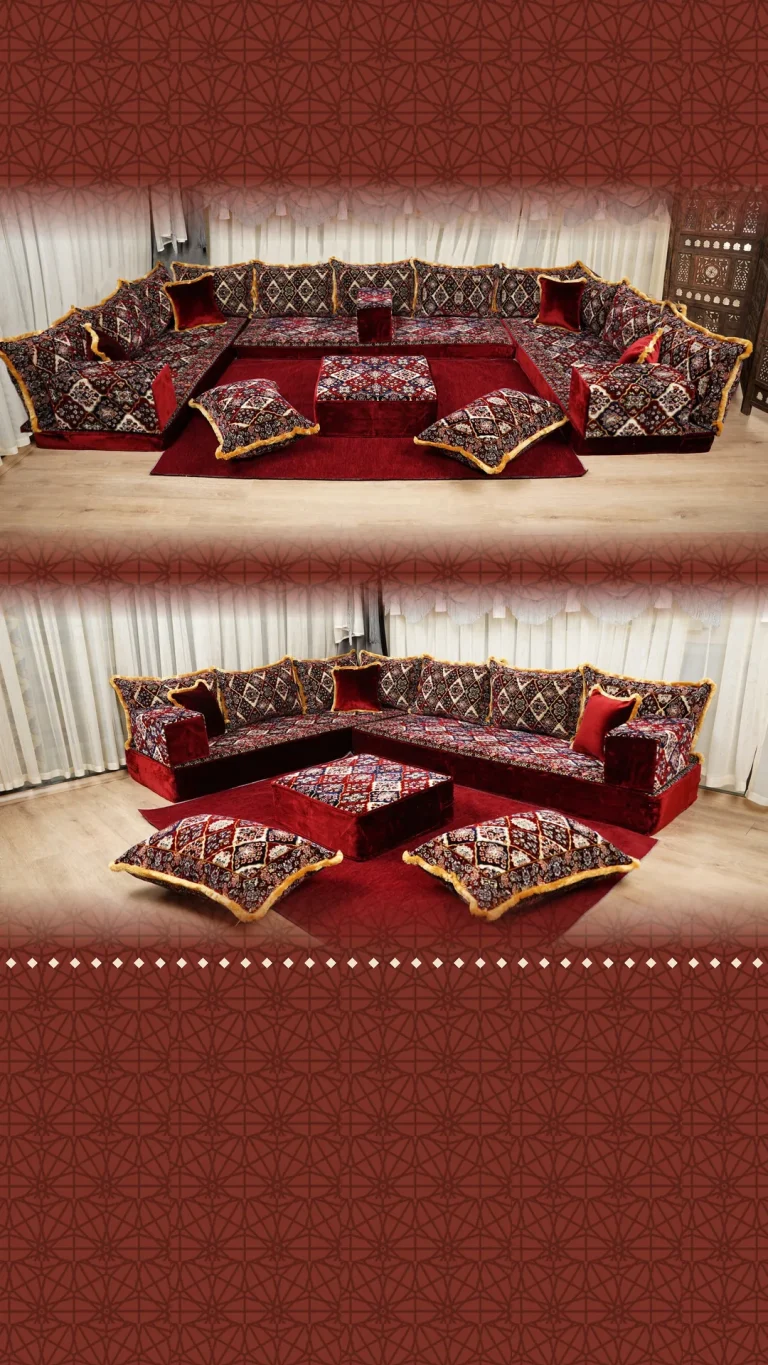 Maroon velvet Arabic floor sofa with diamond kilim cushions and gold fringe, shown as a U shape above and an L shape below