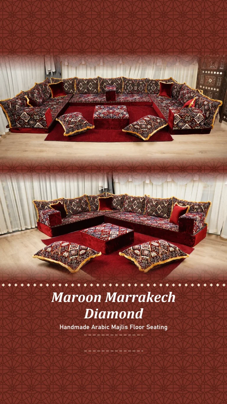 Two layouts of a maroon diamond-weave floor sofa set with gold-fringed floor cushions and an ottoman table