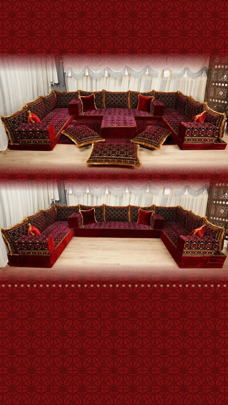 Deep maroon and black Arabic floor sofa with gold fringe trim in a U shape, shown with and without pouf and floor cushions