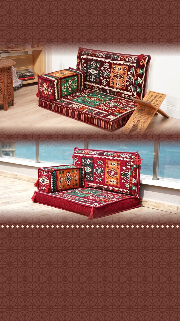 Single-seat maroon kilim Arabic floor sofa with back cushion and armrest block, indoors and beside a sea-view window