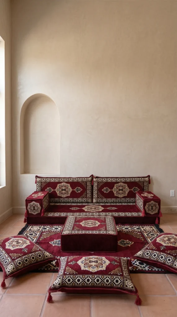 Maroon medallion floor seating set against a plaster wall with an arched niche on terracotta tiles